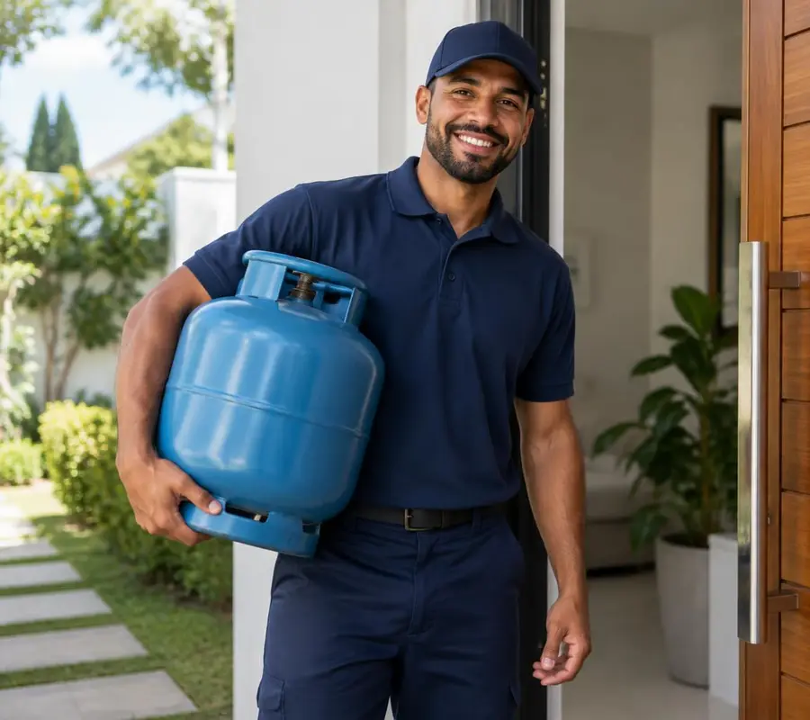 Entregador levando botijão até a porta do cliente